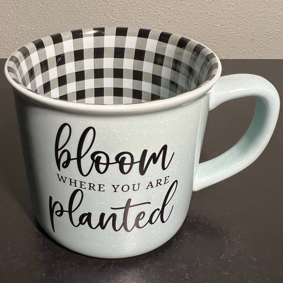 BLOOM WHERE YOU ARE PLANTED Ceramic Mug ~ Black & White Checkered ~ Gardening - Picture 1 of 5